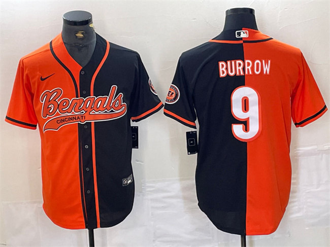 Men's Cincinnati Bengals #9 Joe Burrow Black/Orange Split With Patch Cool Base Stitched Baseball Jersey Men's Cincinnati Bengals #9 Joe Burrow Black/Orange Split With Patch Cool Base Stitched Baseball Jersey